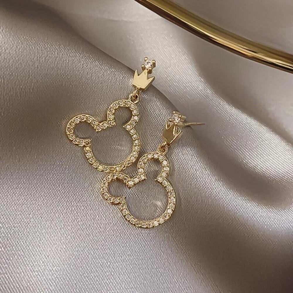 Mickey/Minnie Mouse Disney World Gold Diamond Cute Mini Dangle Gift Earrings - Picture 3 of 6